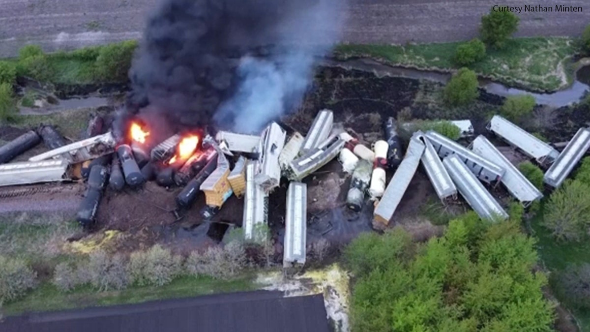 The derailment in Sibley, Iowa, involved nearly 50 train cars, officials say.