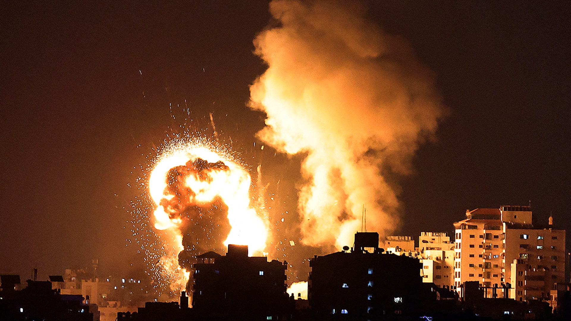 Israeli airstrikes in the Gaza Strip, controlled by the Palestinian Islamist movement Hamas, on May 10, 2021. Israel launched deadly air strikes on Gaza in response to a barrage of rockets fired by the Islamist movement Hamas amid spiralling violence sparked by unrest at Jerusalem's Al-Aqsa Mosque compound. (MAHMUD HAMS/AFP via Getty Images)