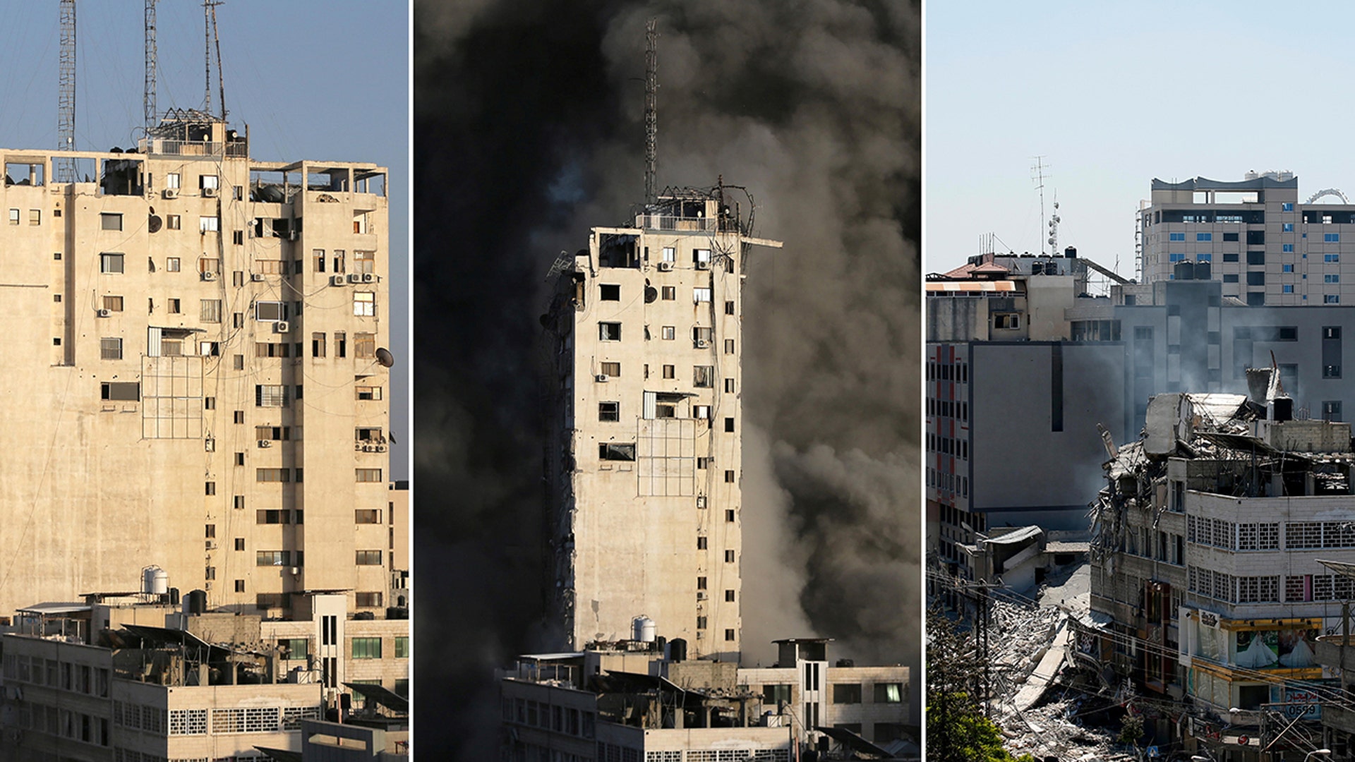 A tower building in Gaza City on May 12, 2021, before and after it was destroyed by Israeli airstrikes amid a flare-up of Israeli-Palestinian violence, May 13, 2021. (REUTERS/Ibraheem Abu Mustafa/Suhaib Salem)