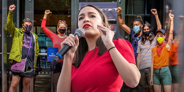 U.S. Rep. Alexandria Ocasio-Cortez, D-N.Y., and climate-issue demonstrators are seen in a photo illustration that combines separate photos.