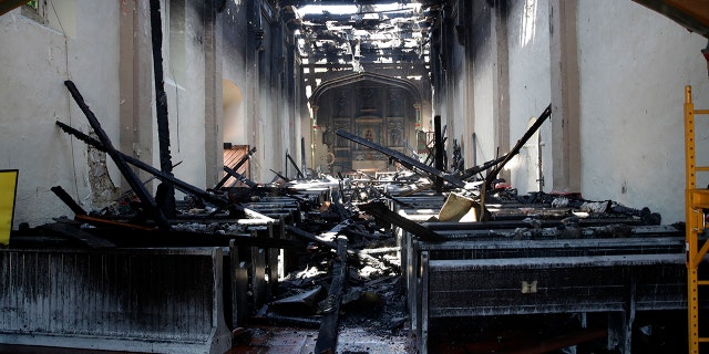 The interior of the San Gabriel Mission is damaged following a morning fire, Saturday, July 11, 2020, in San Gabriel, Calif. (Associated Press)