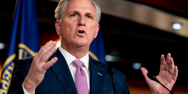 House Minority Leader Kevin McCarthy of Calif., speaks during his weekly press briefing on Capitol Hill, Thursday, April 22, 2021, in Washington. (AP Photo/Andrew Harnik)