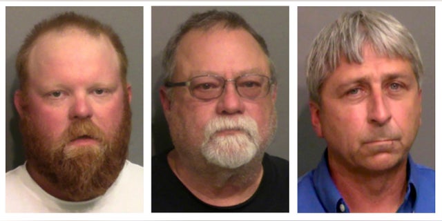 This combo of booking photos provided by the Glynn County, Ga., Detention Center, shows from left, Travis McMichael, his father Gregory McMichael, and William "Roddie" Bryan Jr. (Glynn County Detention Center via AP)