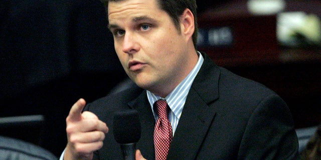 FILE - In this May 1, 2014, file photo, Rep. Matt Gaetz, R-Fort Walton Beach, answers questions about the medical marijuana bill during session in Tallahassee, Fla. Before Gaetz rose to national prominence as an ardent backer of Donald Trump, he carved out an unusual reputation in Florida: a Republican lawmaker who wanted to liberalize marijuana laws. (AP Photo/Steve Cannon, File)