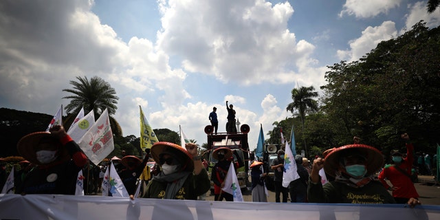 Indonesian workers shout slogan during a May Day rally in Jakarta, Indonesia, Saturday, May 1, 2021. Workers in Indonesia marked international labor day on Saturday curtailed by strict limits on public gatherings to express anger at a new law they say could harm labor rights and welfare. (AP Photo/Dita Alangkara)