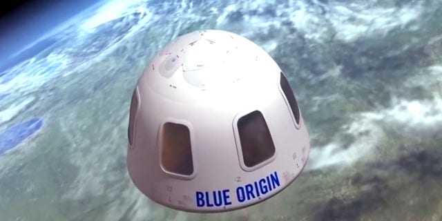 FILE - This undated illustration provided by Blue Origin shows the capsule that the company aims to take tourists into space. Jeff Bezos' rocket company is already calling its future clients "astronauts." One seat is up for grabs on the New Shepard rocket's debut passenger flight scheduled for July 2021; an online auction is underway. (Blue Origin via AP)