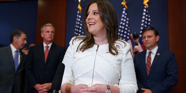 Rep. Elise Stefanik, R-N.Y., speaks to reporters at the Capitol in Washington, Friday, May 14, 2021. Republicans voted Friday morning for Stefanik to be the new chair for the House Republican Conference, replacing Rep. Liz Cheney, R-Wyo. Stefanik's seat in Congress could become even more safe after New York's congressional redistricting, according to Dave Wasserman of the Cook Political Report. 