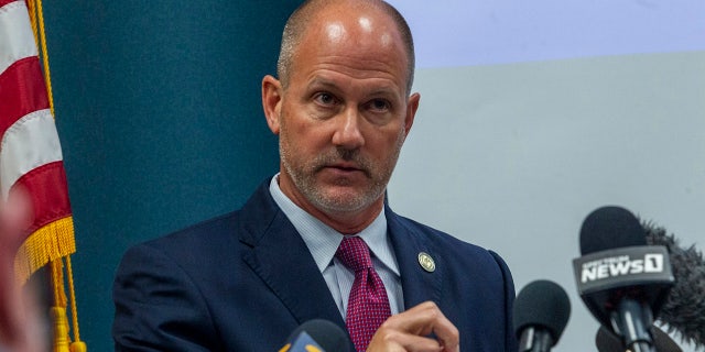 Pasquotank County District Attorney Andrew Womble answers questions from reporters after announcing he will not charge deputies in the April 21 fatal shooting of Andrew Brown Jr. during a news conference Tuesday, May 18, 2021 at the Pasquotank County Public Safety building in Elizabeth City, N.C. &nbsp;(Travis Long/The News &amp;amp; Observer via AP)