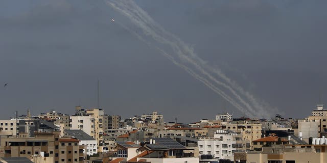 A rocket is launched from the Gaza Strip towards Israel, in Gaza City, Thursday, May 20, 2021. (AP Photo/Hatem Moussa)