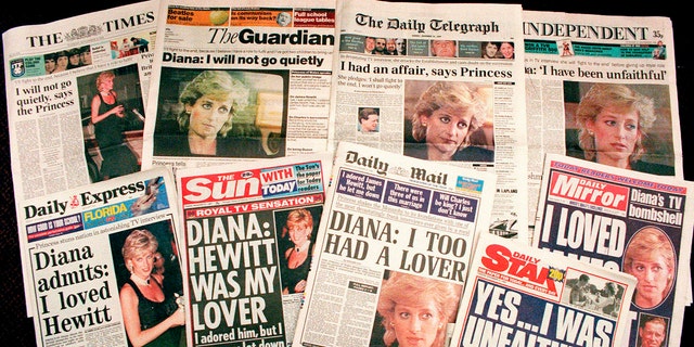 In this Nov. 21, 1995 file photo a selection of front pages of most of Britain's national newspapers showing their reaction to Princess Diana's television interview with BBC journalist Martin Bashir. Prince William and his brother Prince Harry have issued strongly-worded statements criticizing the BBC and British media for unethical practices after an investigation found that Bashir used "deceitful behavior" to secure Princess Diana's most explosive TV interview in 1995.