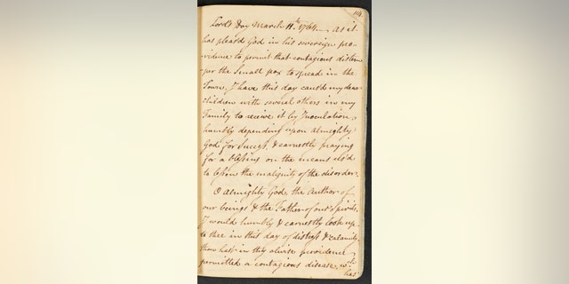 In this image provided by the American Ancestors &amp; New England Historic Genealogical Society, a digitized copy of a page from a handwritten 18th century diary by the Rev. Ebenezer Storer, during a period of smallpox, in Boston, shows a March 1764 entry that includes a prayer Storer wrote after arranging to have his own children inoculated. In the prayer, Storer praises the discovery of means used in the late 18th century to treat the disease. (American Ancestors &amp;amp; New England Historic Genealogical Society via AP)