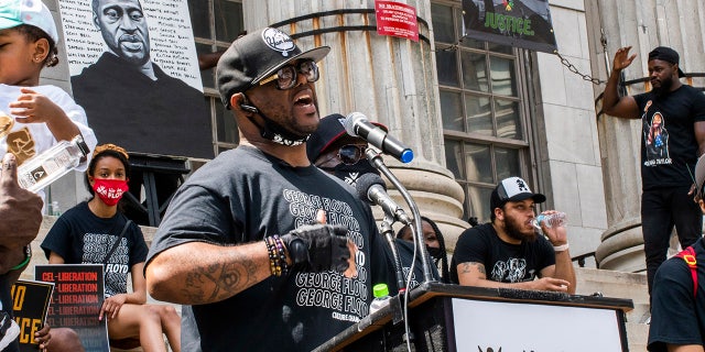 Terrence Floyd, brother of George Floyd, speaks during a rally on Sunday, May 23, 2021, in Brooklyn borough of New York. (AP Photo/Eduardo Munoz Alvarez)