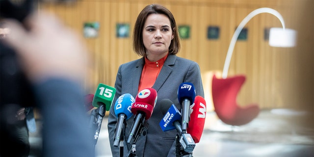 Belarusian opposition leader Sviatlana Tsikhanouskaya speaks during her news conference in Vilnius, Lithuania, Monday, May 24, 2021. Exiled Belarusian opposition leader Sviatlana Tsikhanouskaya called on the International Civil Aviation Organization to begin an investigation, and the ICAO later said it "is strongly concerned by the apparent forced landing." (AP Photo/Mindaugas Kulbis)