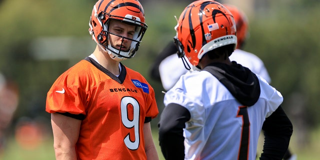 Cincinnati Bengals' Joe Burrow, 왼쪽, talks with Ja'Marr Chase (1) during NFL football practice in Cincinnati, 화요일, 할 수있다 25, 2021. (AP Photo/Aaron Doster)