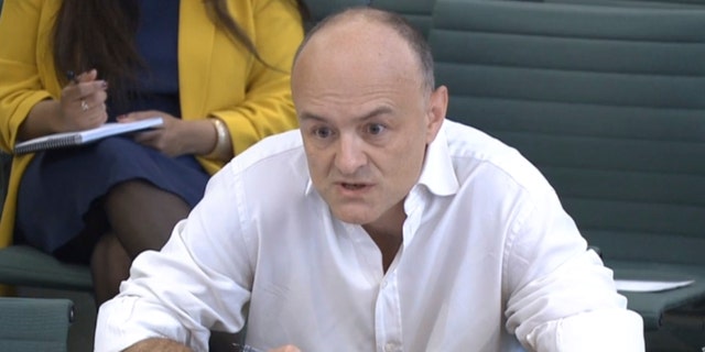Dominic Cummings, British Prime Minister Boris Johnson's most powerful and trusted aide up until last year, attends a science and health committee hearing at Portcullis House in London, Wednesday, May 26, 2021. In recent days, Cummings has directed a torrent of criticism at Johnson's Conservative government in an ever-lengthening string of Twitter posts. (House of Commons via AP)