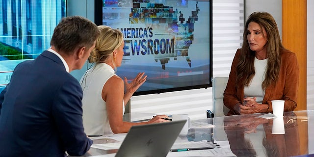 Caitlyn Jenner, right, a Republican candidate for California governor, is interviewed by co-hosts Bill Hemmer and Dana Perino, on Fox News Channel's "America's Newsroom" television program, Wednesday, May 26, 2021, in New York. 