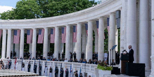 President Joe Biden speaks during the National Memorial Day Observance at the Memorial Amphitheater in Arlington National Cemetery, Monday, May 31, 2021, in Arlington, Va. (AP Photo/Alex Brandon)