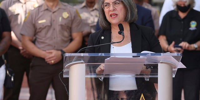 Daniella Levine Cava, Mayor of Miami-Dade Giving an opening speech during a press conference about the weekend shooting on Monday, May 31, 2021, at Fred Taylor Miami-Dade Police Headquarters in Dorus. Florida State (Carl Just)/Miami Herald via AP)