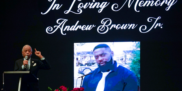 This May 3, 2021, file photo shows Rev. Al Sharpton speaking during the funeral for Andrew Brown Jr., at Fountain of Life Church in Elizabeth City, N.C.