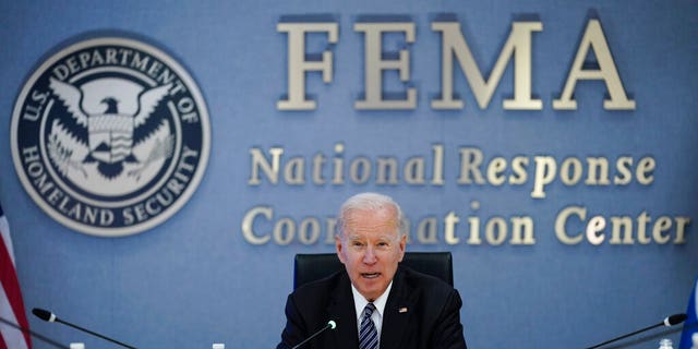 President Joe Biden participates in a 2021 briefing at FEMA, an agency within the Department of Homeland Security. (AP Photo/Evan Vucci)
