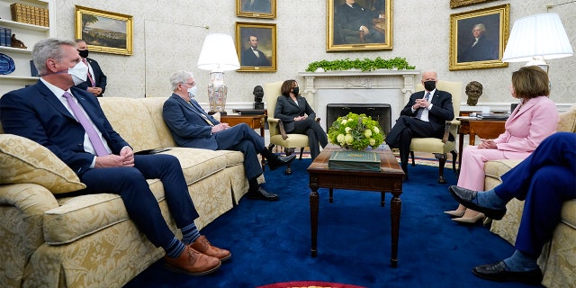 President Biden meets with congressional leaders in the Oval Office of the White House in 2021.