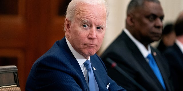 President Biden listens during a meeting with Moon Jae-in, South Korea's president, not pictured, in the State Dining Room of the White House in Washington, D.C., Friday, May 21, 2021. (Stefani Reynolds/The New York Times/Bloomberg via Getty Images)