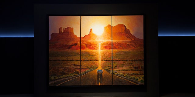 This picture provided and painted by Bob Dylan in 2019 called 'Sunset, Monumet, Valley.' The largest collection of Bob Dylan’s artwork ever seen will go on display later this year in the U.S. 'Retrospectum' spans six decades of Dylan’s art, featuring more than 120 of the artist’s paintings, drawings and sculptures. (Bob Dylan via AP)