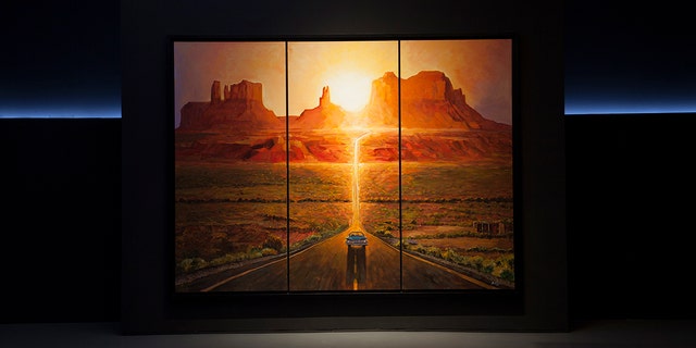 This picture provided and painted by Bob Dylan in 2019 called 'Sunset, Monumet, Valley.' The largest collection of Bob Dylan’s artwork ever seen will go on display later this year in the U.S. 'Retrospectum' spans six decades of Dylan’s art, featuring more than 120 of the artist’s paintings, drawings and sculptures. (Bob Dylan via AP)