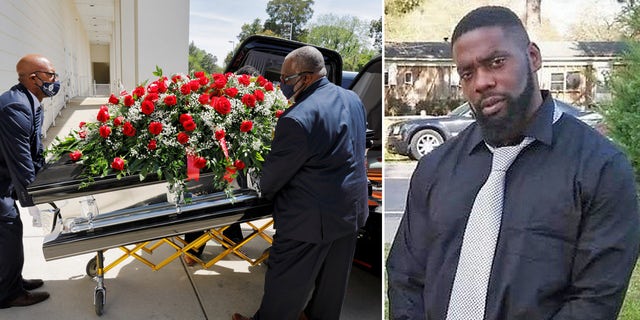 Funeral home personnel unload the casket of Andrew Brown Jr. as it arrives at the Museum of the Albemarle for a public viewing in Elizabeth City, North Carolina. (Reuters)