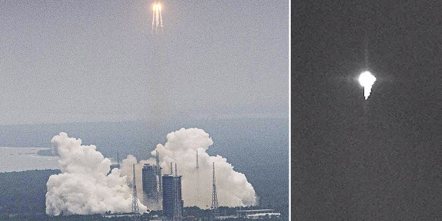 Long March 5B rocket, carrying China’s Tianhe space station core module seen during liftoff and in space.