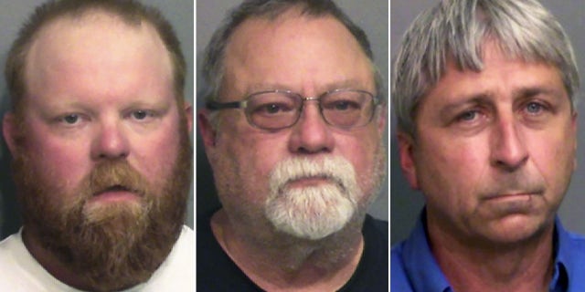 This combo of booking photos provided by the Glynn County, Ga., Detention Center, shows from left, Travis McMichael, his father Gregory McMichael, and William "Roddie" Bryan Jr.