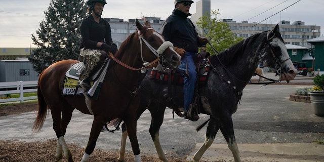 Exercise rider Jade Cunningham, sinistra, walks with Preakness entrant Ram and trainer D. Wayne Lukas after a training session ahead of the Preakness Stakes horse race at Pimlico Race Course, mercoledì, Maggio 12, 2021, a Baltimora. (AP Photo / Julio Cortez)