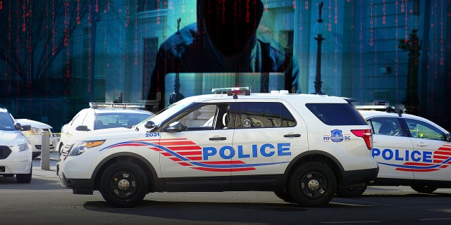 Police vehicles stopping the traffic and closing a street in Washington, D.C.