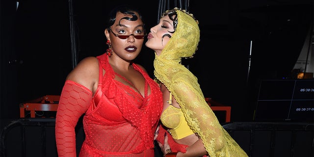 Paloma Elsesser and Bella Hadid (R) prepares backstage for Savage X Fenty Show Presented By Amazon Prime Video - Backstage at Barclays Center on September 10, 2019, in Brooklyn, New York. 