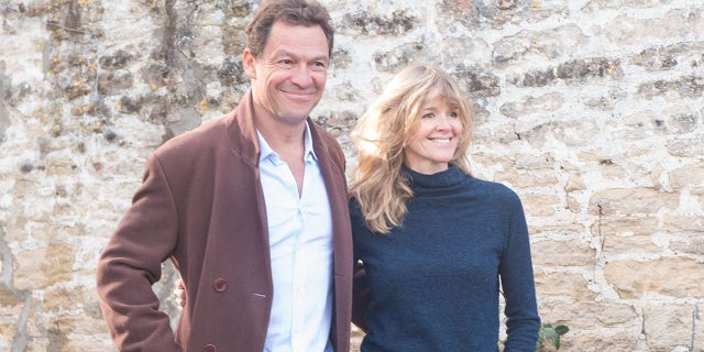 Dominic West and wife Catherine FitzGerald make a statement to press outside their Cotswolds home after Dominic was seen kissing actress Lily James whilst in Rome on October 13, 2020, in Cotswolds, England. 