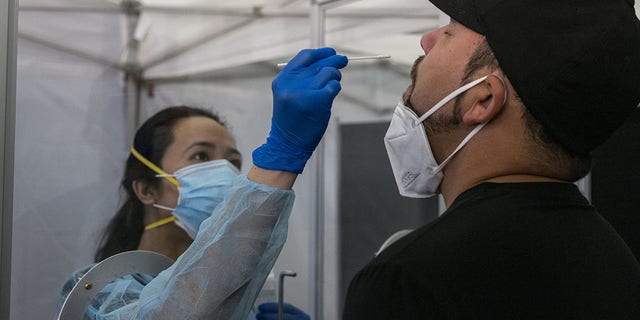 A medical worker wearing personal protective equipment administers a rapid COVID-19 test to a traveler at San Francisco International Airport in San Francisco, on Thursday, Oct. 15, 2020. United and Hawaiian Airlines are offering options for COVID-19 testing to passengers traveling to the state of Hawaii that will include at-home tests, drive-through testing, and in-person tests at the airport. (David Paul Morris/Bloomberg via Getty Images)