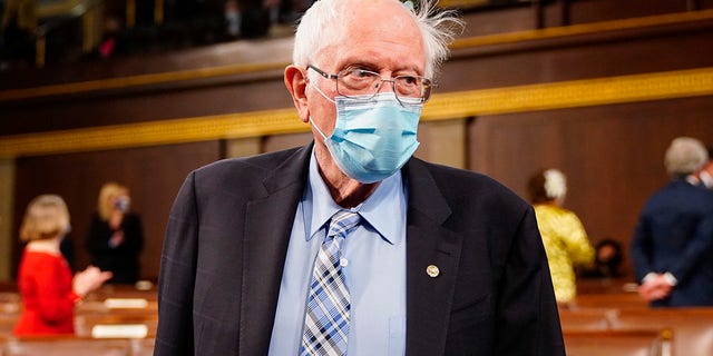 Sen.  Bernie Sanders (I-VT) arrives before President Joe Biden addresses a joint session of Congress in the House chamber of the US Capitol April 28, 2021 in Washington, DC.
