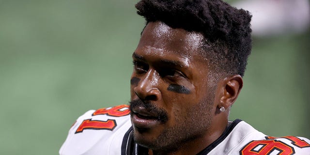 Antonio Brown #81 of the Tampa Bay Buccaneers looks on prior to the game against the Atlanta Falcons at Mercedes-Benz Stadium on December 20, 2020 in Atlanta, Georgia.