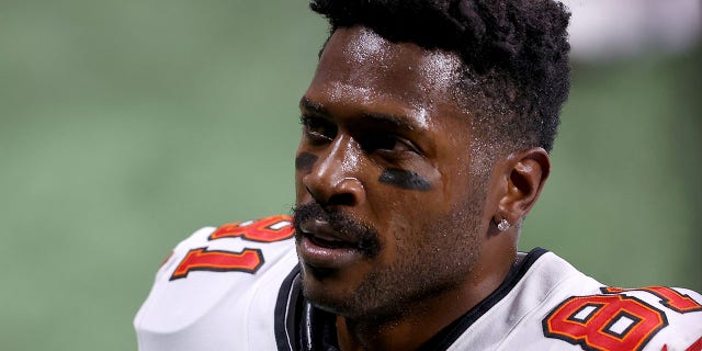 Antonio Brown, #81 of the Tampa Bay Buccaneers, looks on prior to the game against the Atlanta Falcons at Mercedes-Benz Stadium on Dec. 20, 2020 in Atlanta.