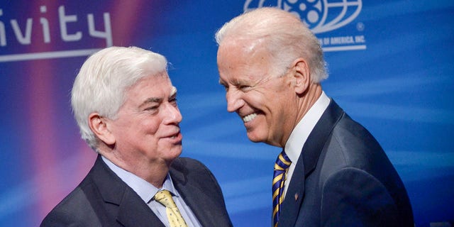 WASHINGTON, DC - MAY 02: Chairman and CEO of the Motion Picture Association of America Chris Dodd and U.S Vice President Joe Biden speak during the 2nd Annual Creativity Conference presented by the Motion Picture Association of America at The Newseum on May 2, 2014 in Washington, DC. (Photo by Kris Connor/Getty Images)