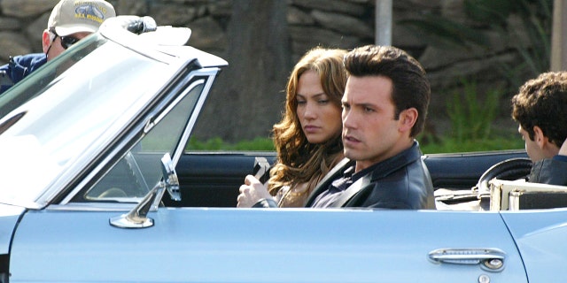 Actress Jennifer Lopez and actor Ben Affleck film a scene on the set of the upcoming film 'Gigli' on January 9, 2003 in Los Angeles, California.