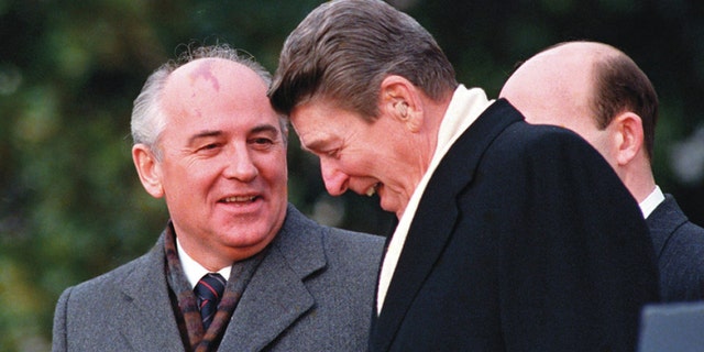 Soviet leader Mikhail Gorbachev with President Ronald Reagan.