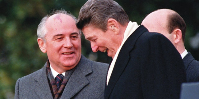 Soviet leader Mikhail Gorbachev with President Ronald Reagan.