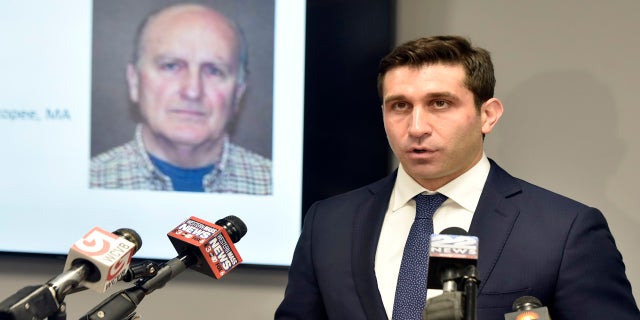 Hampden District Attorney Anthony D. Gulluni, right, speaks during a news conference on Monday in Springfield, Massachusetts. (AP/The Republican)