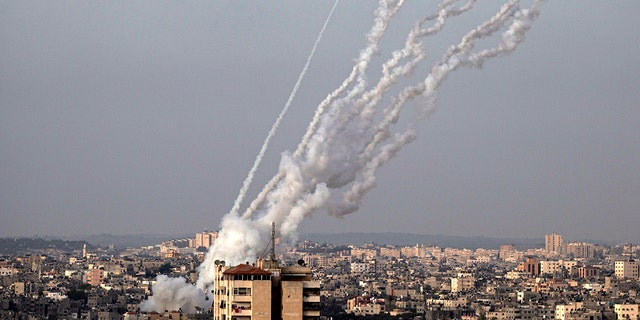 Rockets are launched from the Gaza Strip toward Israel, May. 10, 2021.