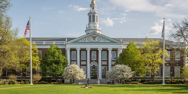 View of the famous Harvard University historic building in Cambridge, Massachusetts, USA.