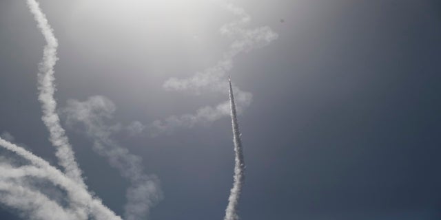 An Israeli Iron Dome air defense system launches to intercept rockets fired from Gaza Strip, in Ashkelon, southern Israel, on Tuesday. (AP)