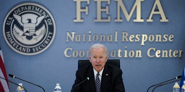 President Joe Biden participates in a briefing at the Federal Emergency Management Agency headquarters on May 24, 2021.