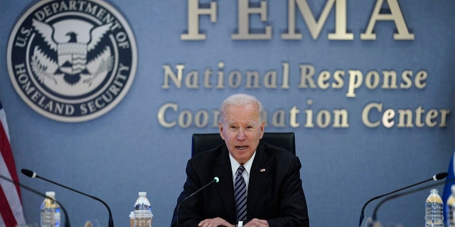 President Joe Biden participates in a briefing at the Federal Emergency Management Agency headquarters on May 24, 2021.