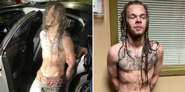The sheriff’s office posted pictures of a muddy, shirtless and shoeless Davenport being detained.